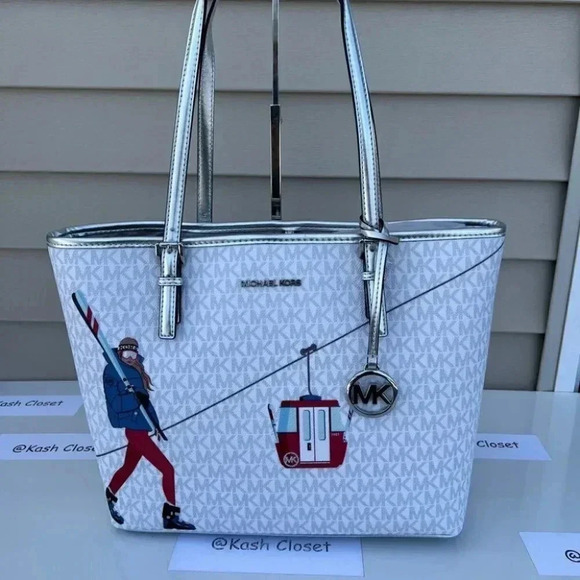 Michael Kors MK Jet Set Girl MD Carryall Tote -Bright White Multi - Picture 1 of 9
